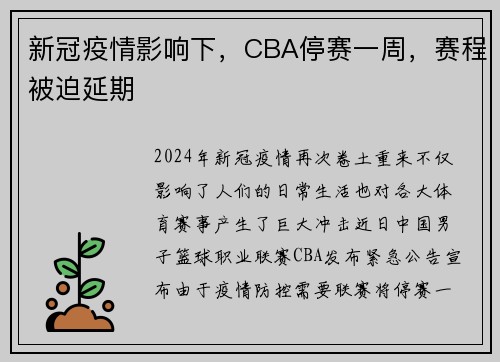 新冠疫情影响下，CBA停赛一周，赛程被迫延期